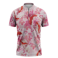 Pink Palaka Hawaii Aloha Zipper Polo Shirt Koi Pond Mix Sakura - Polynesian Pride