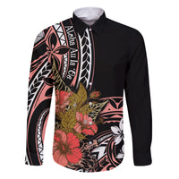 Hawaii Valentine Family Matching Off Shoulder Long Sleeve Dress and Hawaiian Shirt Plumeria Aloha Wau Ia Oe LT7 Dad's Shirt - Long Sleeve Pink - Polynesian Pride