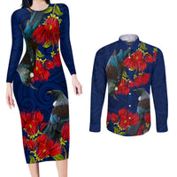 New Zealand Couples Matching Long Sleeve Bodycon Dress and Long Sleeve Button Shirt Tui Couple with Pohutukawa LT7 Blue - Polynesian Pride