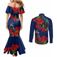 New Zealand Couples Matching Mermaid Dress and Long Sleeve Button Shirt Tui Couple with Pohutukawa LT7 - Polynesian Pride