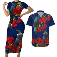 New Zealand Couples Matching Short Sleeve Bodycon Dress and Hawaiian Shirt Tui Couple with Pohutukawa LT7 Blue - Polynesian Pride