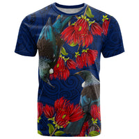 New Zealand T Shirt Tui Couple with Pohutukawa LT7 Blue - Polynesian Pride