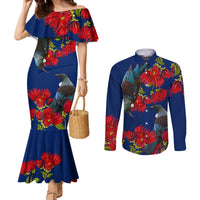 New Zealand Pohutukawa with Tui Birds Couples Matching Mermaid Dress and Long Sleeve Button Shirt Version 2 LT7 Blue - Polynesian Pride