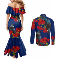 New Zealand Pohutukawa with Tui Birds Couples Matching Mermaid Dress and Long Sleeve Button Shirt Version 2 LT7 - Polynesian Pride