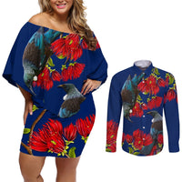New Zealand Pohutukawa with Tui Birds Couples Matching Off Shoulder Short Dress and Long Sleeve Button Shirt Version 2 LT7 Blue - Polynesian Pride