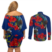 New Zealand Pohutukawa with Tui Birds Couples Matching Off Shoulder Short Dress and Long Sleeve Button Shirt Version 2 LT7 - Polynesian Pride