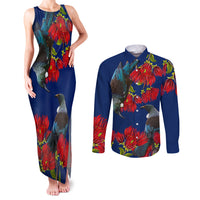 New Zealand Pohutukawa with Tui Birds Couples Matching Tank Maxi Dress and Long Sleeve Button Shirt Version 2 LT7 Blue - Polynesian Pride