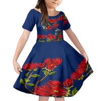 New Zealand Pohutukawa with Tui Birds Family Matching Off Shoulder Short Dress and Hawaiian Shirt Version 2 LT7 Daughter's Dress Blue - Polynesian Pride