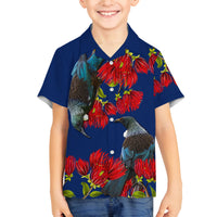 New Zealand Pohutukawa with Tui Birds Family Matching Off Shoulder Short Dress and Hawaiian Shirt Version 2 LT7 Son's Shirt Blue - Polynesian Pride