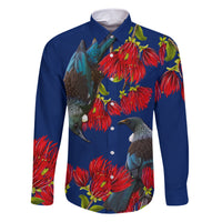 New Zealand Pohutukawa with Tui Birds Family Matching Short Sleeve Bodycon Dress and Hawaiian Shirt Version 2 LT7 Dad's Shirt - Long Sleeve Blue - Polynesian Pride