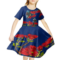 New Zealand Pohutukawa with Tui Birds Kid Short Sleeve Dress Version 2 LT7 - Polynesian Pride