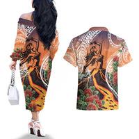 Hawaii Women's Day Tribal Couples Matching Off The Shoulder Long Sleeve Dress and Hawaiian Shirt Pele Honua Mea