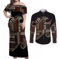 Samoa Siapo Mamanu Couples Matching Off Shoulder Maxi Dress and Long Sleeve Button Shirt Waves Motifs
