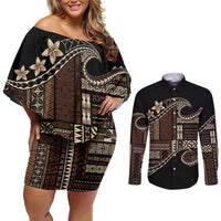 Samoa Siapo Mamanu Couples Matching Off Shoulder Short Dress and Long Sleeve Button Shirt Waves Motifs