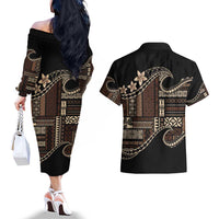 Samoa Siapo Mamanu Couples Matching Off The Shoulder Long Sleeve Dress and Hawaiian Shirt Waves Motifs