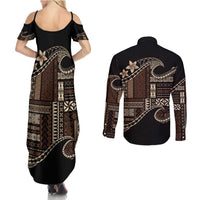 Samoa Siapo Mamanu Couples Matching Summer Maxi Dress and Long Sleeve Button Shirt Waves Motifs
