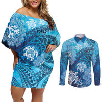 Hawaii World Ocean Day Couples Matching Off Shoulder Short Dress and Long Sleeve Button Shirt Kakau Turtles LT7 Blue - Polynesian Pride