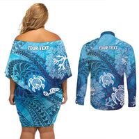 Hawaii World Ocean Day Couples Matching Off Shoulder Short Dress and Long Sleeve Button Shirt Kakau Turtles LT7 - Polynesian Pride