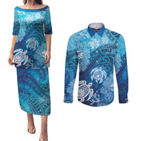 Hawaii World Ocean Day Couples Matching Puletasi and Long Sleeve Button Shirt Kakau Turtles LT7 Blue - Polynesian Pride