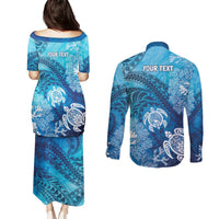 Hawaii World Ocean Day Couples Matching Puletasi and Long Sleeve Button Shirt Kakau Turtles LT7 - Polynesian Pride