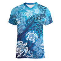 Hawaii World Ocean Day Women V-Neck T-Shirt Kakau Turtles