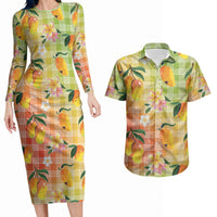Aloha Hawaii Palaka Print Mango Plumeria Couples Matching Long Sleeve Bodycon Dress and Hawaiian Shirt Tropical Vibes