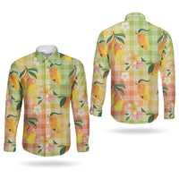 Aloha Hawaii Palaka Print Mango Plumeria Couples Matching Long Sleeve Bodycon Dress and Long Sleeve Button Shirt Tropical Vibes