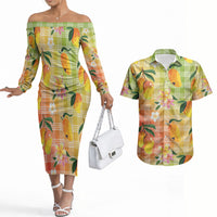 Aloha Hawaii Palaka Print Mango Plumeria Couples Matching Off The Shoulder Long Sleeve Dress and Hawaiian Shirt Tropical Vibes LT7 Multicolor - Polynesian Pride