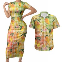 Aloha Hawaii Palaka Print Mango Plumeria Couples Matching Short Sleeve Bodycon Dress and Hawaiian Shirt Tropical Vibes