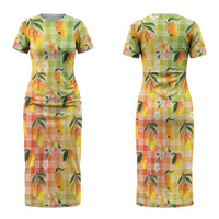 Aloha Hawaii Palaka Print Mango Plumeria Couples Matching Short Sleeve Bodycon Dress and Long Sleeve Button Shirt Tropical Vibes