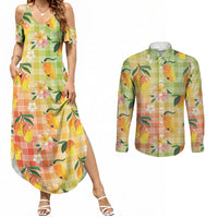 Aloha Hawaii Palaka Print Mango Plumeria Couples Matching Summer Maxi Dress and Long Sleeve Button Shirt Tropical Vibes