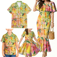 Aloha Hawaii Palaka Print Mango Plumeria Family Matching Mermaid Dress and Hawaiian Shirt Tropical Vibes