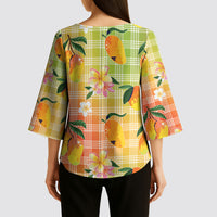 Aloha Hawaii Palaka Print Mango Plumeria Kimono Sleeve Blouse Tropical Vibes