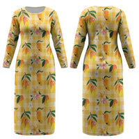 Aloha Hawaii Palaka Print Mango Plumeria Couples Matching Long Sleeve Bodycon Dress and Hawaiian Shirt Fresh Lemon