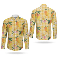 Aloha Hawaii Palaka Print Mango Plumeria Couples Matching Mermaid Dress and Long Sleeve Button Shirt Fresh Lemon