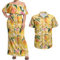 Aloha Hawaii Palaka Print Mango Plumeria Couples Matching Off Shoulder Maxi Dress and Hawaiian Shirt Fresh Lemon