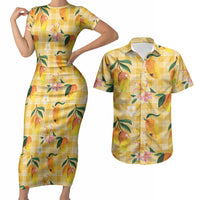 Aloha Hawaii Palaka Print Mango Plumeria Couples Matching Short Sleeve Bodycon Dress and Hawaiian Shirt Fresh Lemon