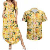 Aloha Hawaii Palaka Print Mango Plumeria Couples Matching Summer Maxi Dress and Hawaiian Shirt Fresh Lemon