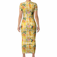 Aloha Hawaii Palaka Print Mango Plumeria Short Sleeve Bodycon Dress Fresh Lemon