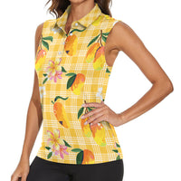 Aloha Hawaii Palaka Print Mango Plumeria Women Sleeveless Polo Shirt Fresh Lemon