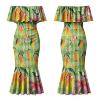 Aloha Hawaii Palaka Print Mango Plumeria Couples Matching Mermaid Dress and Long Sleeve Button Shirt Cool Mint