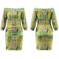 Aloha Hawaii Palaka Print Mango Plumeria Couples Matching Off The Shoulder Long Sleeve Dress and Long Sleeve Button Shirt Cool Mint