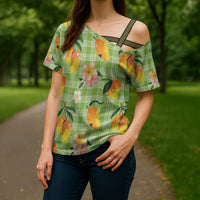 Aloha Hawaii Palaka Print Mango Plumeria Cross Shoulder Shirt Cool Mint