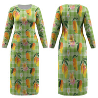Aloha Hawaii Palaka Print Mango Plumeria Family Matching Long Sleeve Bodycon Dress and Hawaiian Shirt Cool Mint