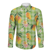 Aloha Hawaii Palaka Print Mango Plumeria Long Sleeve Button Shirt Cool Mint