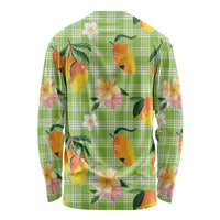 Aloha Hawaii Palaka Print Mango Plumeria Long Sleeve Shirt Cool Mint