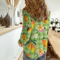 Aloha Hawaii Palaka Print Mango Plumeria Women Casual Shirt Cool Mint