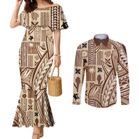 Samoa Tapa Couples Matching Mermaid Dress and Long Sleeve Button Shirt Siapo Mix Tatau Patterns LT7 Beige - Polynesian Pride