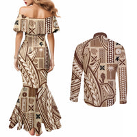 Samoa Tapa Couples Matching Mermaid Dress and Long Sleeve Button Shirt Siapo Mix Tatau Patterns LT7 - Polynesian Pride