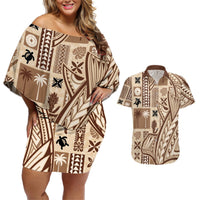 Samoa Tapa Couples Matching Off Shoulder Short Dress and Hawaiian Shirt Siapo Mix Tatau Patterns LT7 Beige - Polynesian Pride